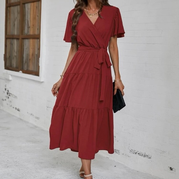 Boho butterfly sleeve ruffle hem belted dress - Picture 12 of 16